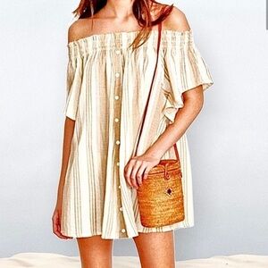 Faithful The Brand Deia Stripe Off Shoulder Smock Tan White Dress Large